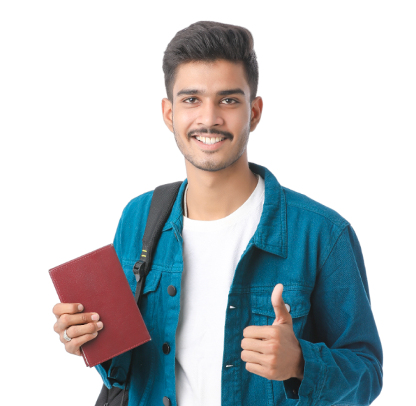 A smiling male student holding a book and giving a thumbs-up, with a backpack on his shoulder